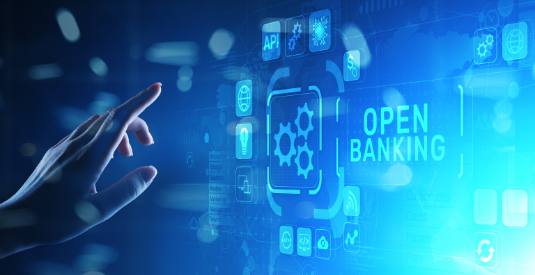 Hand reaching for screen that reads open banking.
