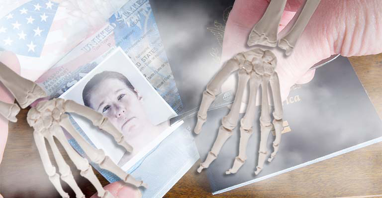 Skeleton hands over passport