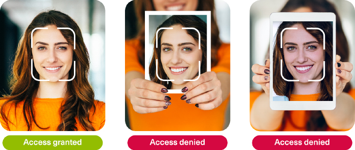 Three different photos of a young adult show two incorrect ways to use facial recognition with one correct way to use it, showing the difference between access denied and access granted.