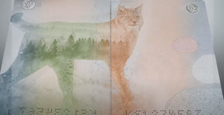 A zoomed in picture of an Estonian passport - a multicolored Lynx with a forest landscape pattern on its fur.