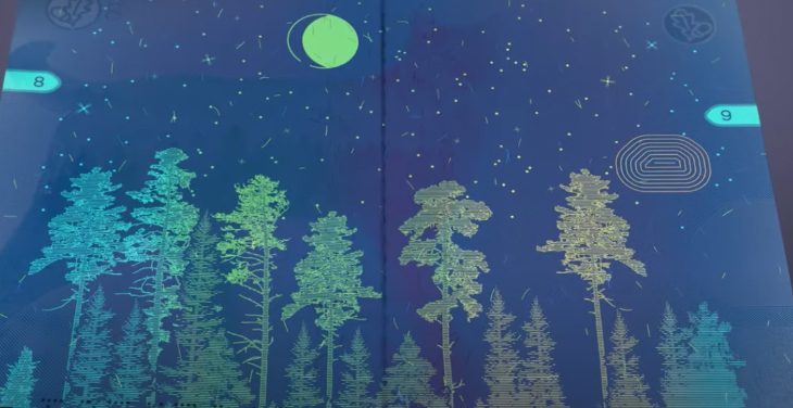 A blue and green picture using UV light of a forest, moon, and stars.