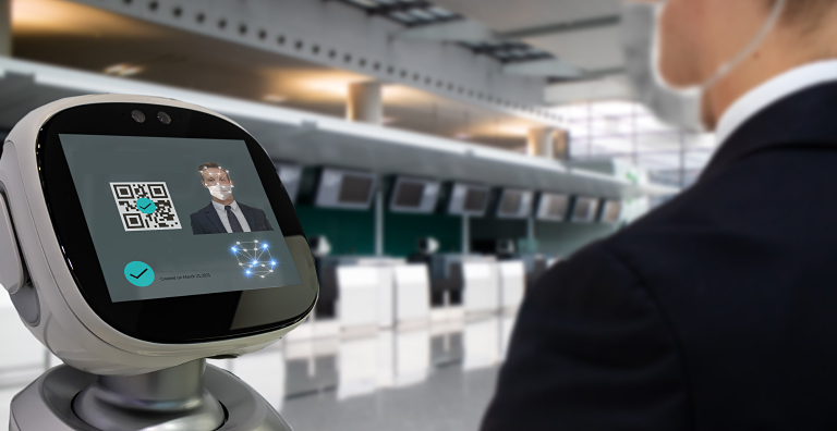 person checking in at airport using facial recognition
