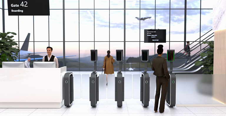 person using biometric self-boarding airport gate
