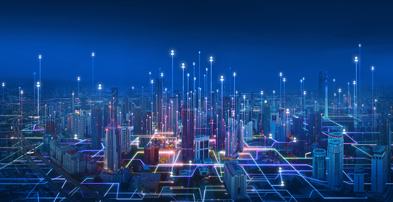 An integrated digital infrastructure with glowing network lines and data nodes connecting buildings, conveying seamless system integration.