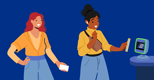 cartoon of person waving phone in front of kiosk