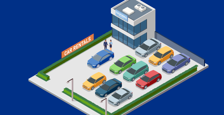 Car rental lot with customers and vehicles, highlighting use of advanced ID scanners for secure verification.