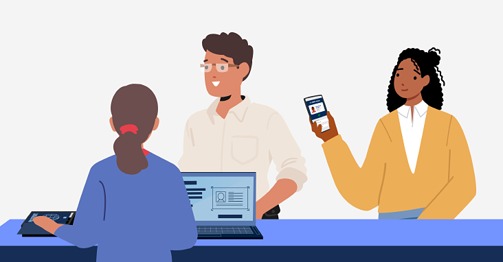 People verifying digital IDs at a counter with laptops and tablets using advanced ID scanners for secure check-in.