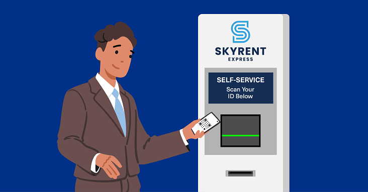 cartoon of person using car rental kiosk
