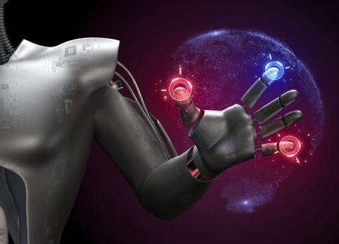 Robot hand moving fingers to control data
